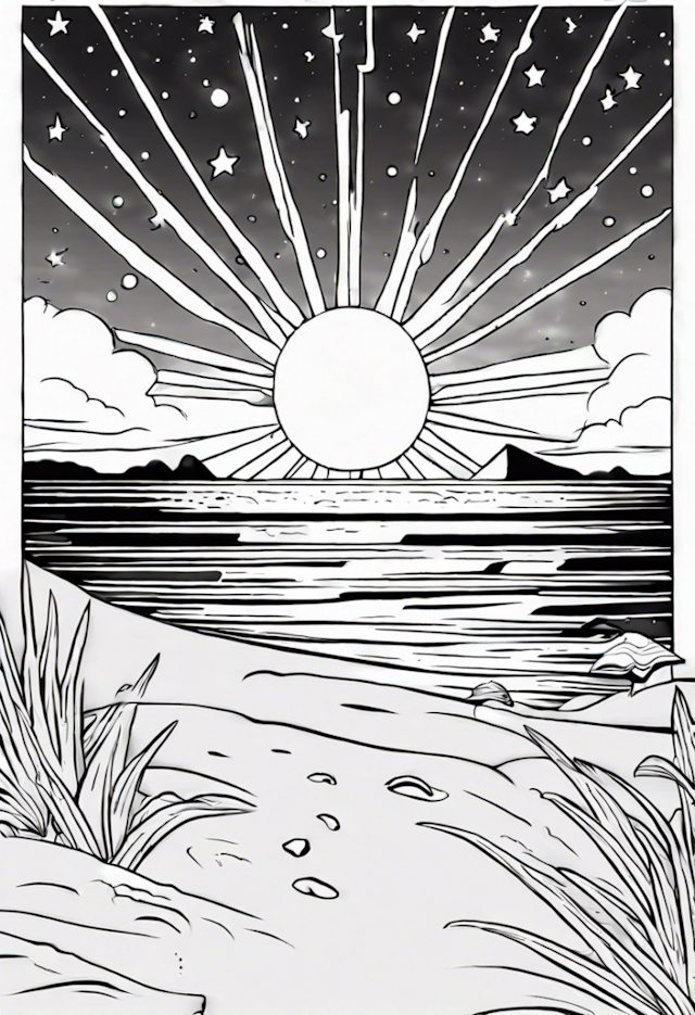 A coloring page of 1 Bright Star At A Beach