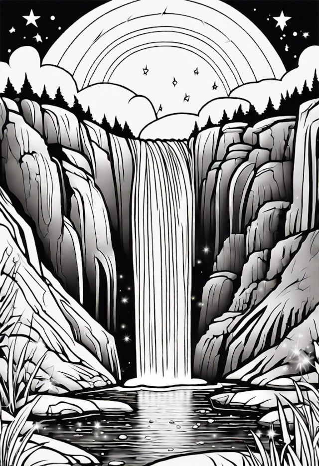 A coloring page of 1 Glittering Star At A Waterfall