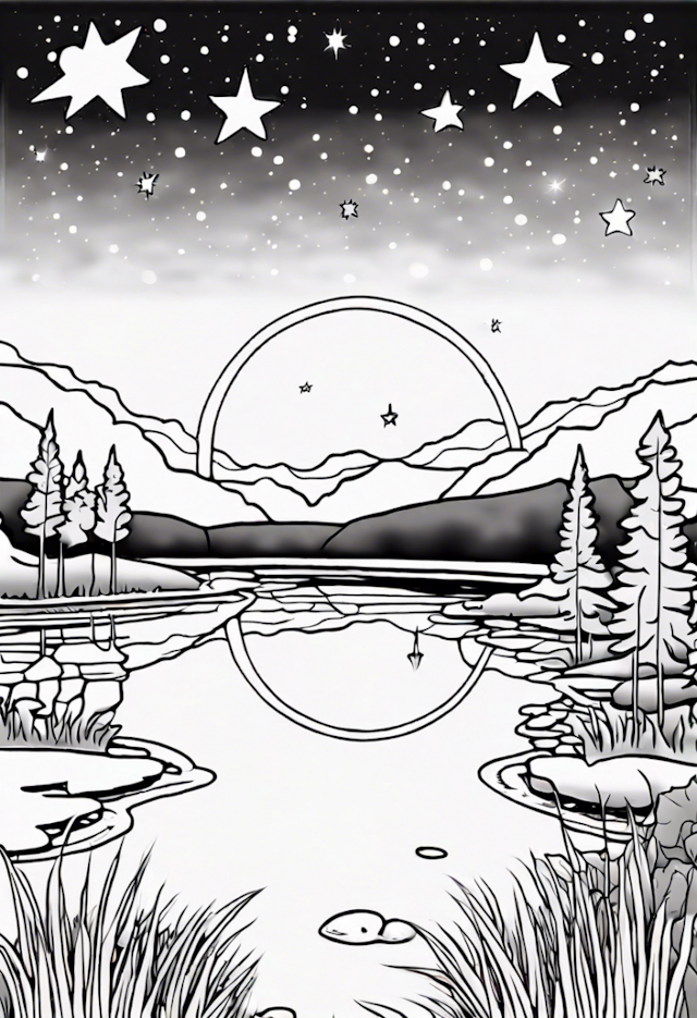 A coloring page of 1 Twinkling Star At A Pond