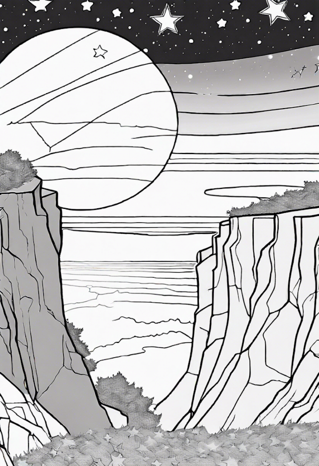 A coloring page of 2 Dazzling Stars At A Cliff