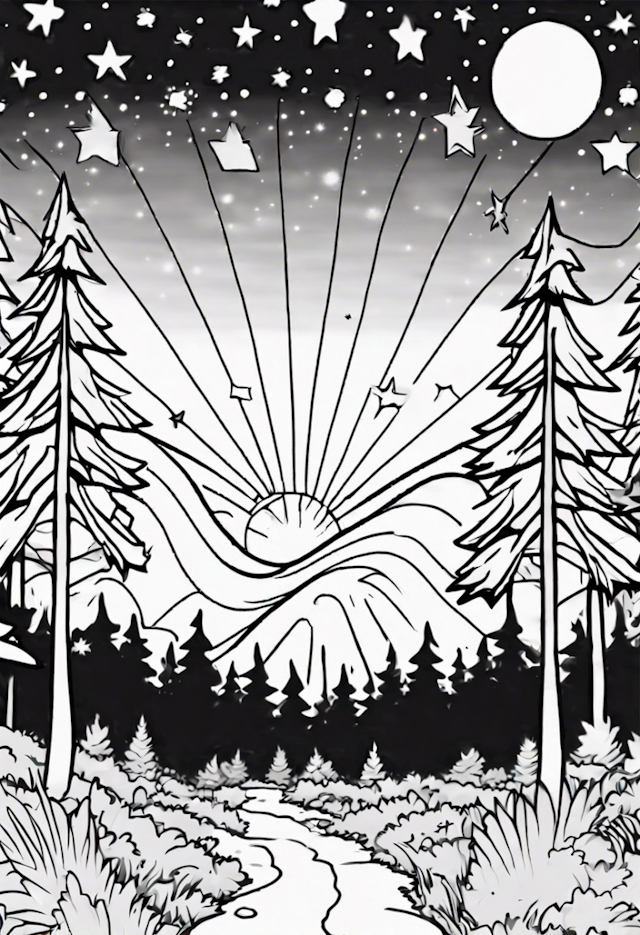 A coloring page of 2 Dim Stars At A Forest