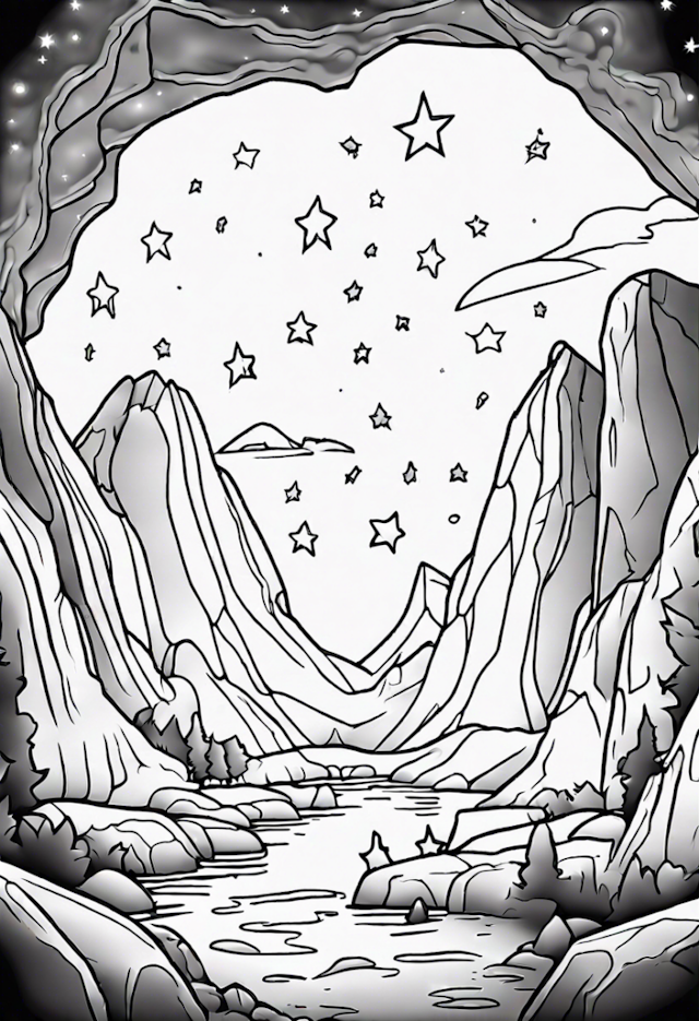 A coloring page of 2 Glistening Stars At A Cave