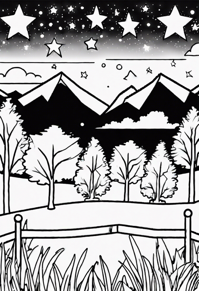 A coloring page of 3 Gleaming Stars At A Park