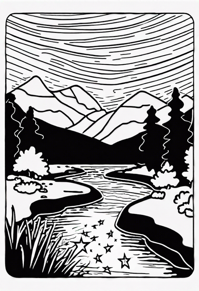 A coloring page of 3 Glowing Stars At A River