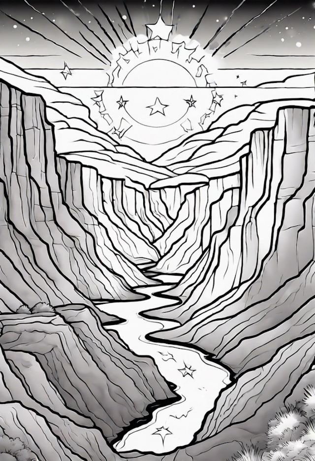 A coloring page of 3 Radiant Stars At A Canyon