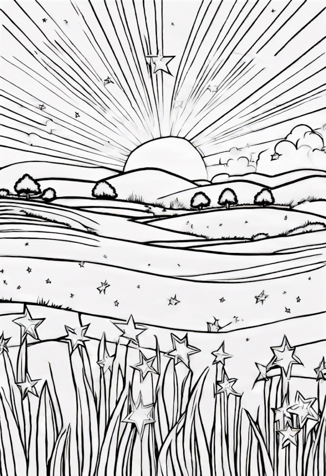 A coloring page of 3 Shimmering Stars At A Field