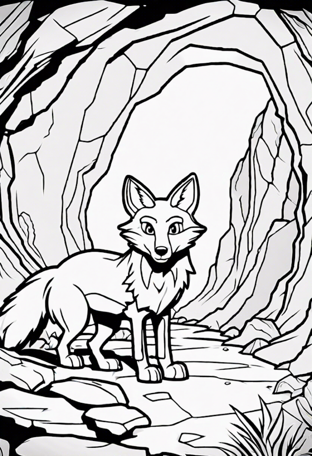 A coloring page of A Brave Star Exploring A Cave With A Cautious Fox