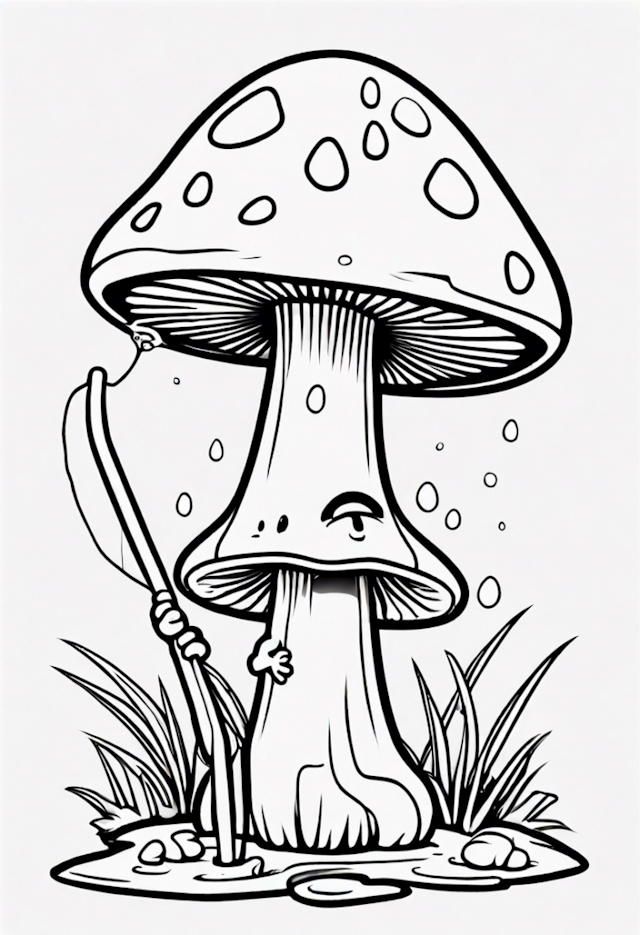 A coloring page of A Cartoon Mushroom Fishing