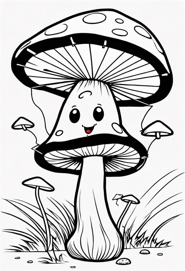 A coloring page of A Cartoon Mushroom Flying A Kite