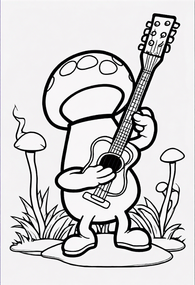 A coloring page of A Cartoon Mushroom Playing A Guitar