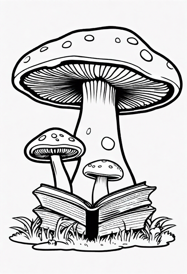 A coloring page of A Cartoon Mushroom Reading A Book