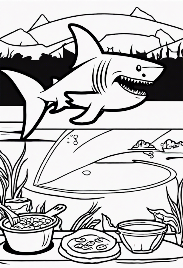 A coloring page of A Cartoon Shark Cooking