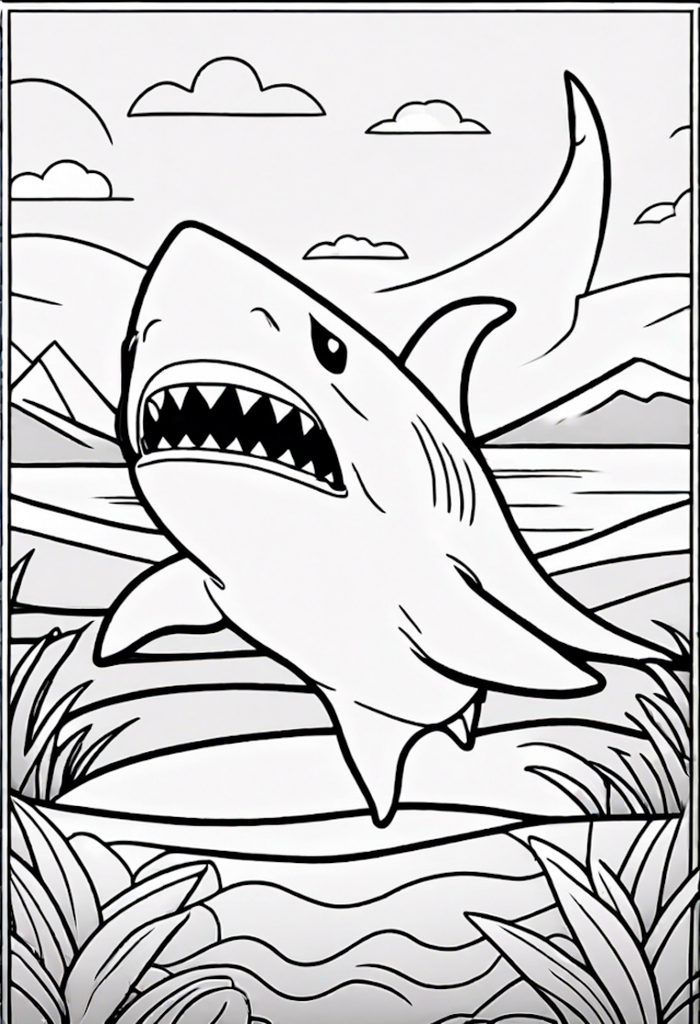 A coloring page of A Cartoon Shark Doing Yoga