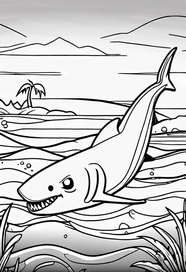 A coloring page of A Cartoon Shark Fishing