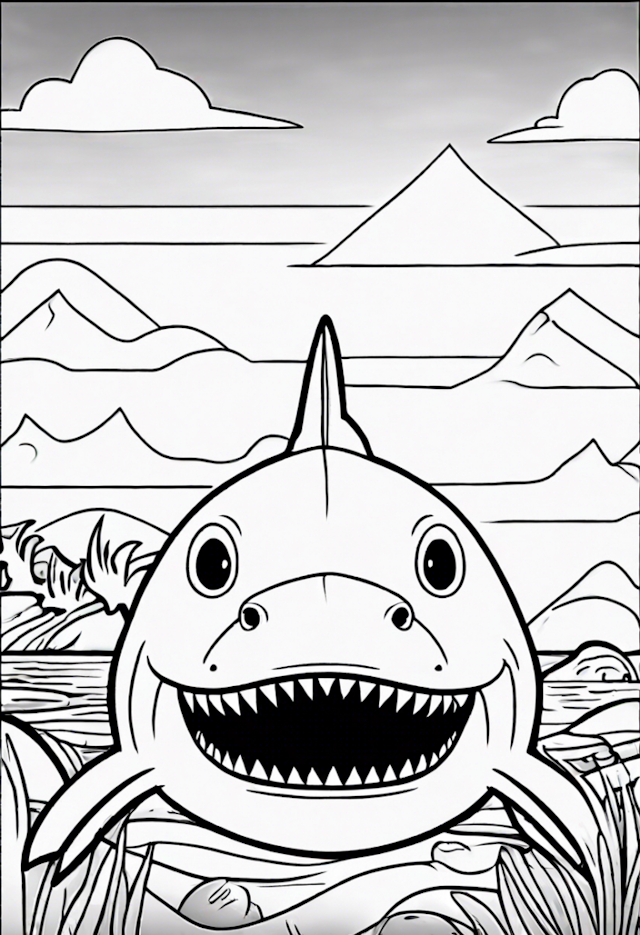 A coloring page of A Cartoon Shark Painting