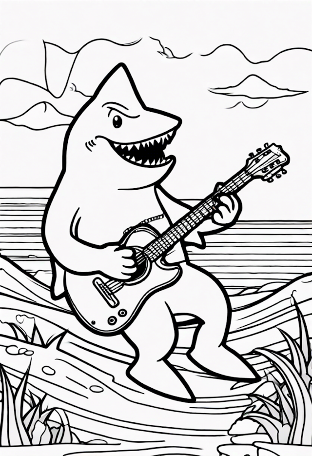 A coloring page of A Cartoon Shark Playing A Guitar