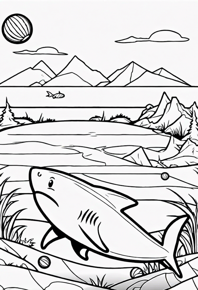 A coloring page of A Cartoon Shark Playing With A Ball
