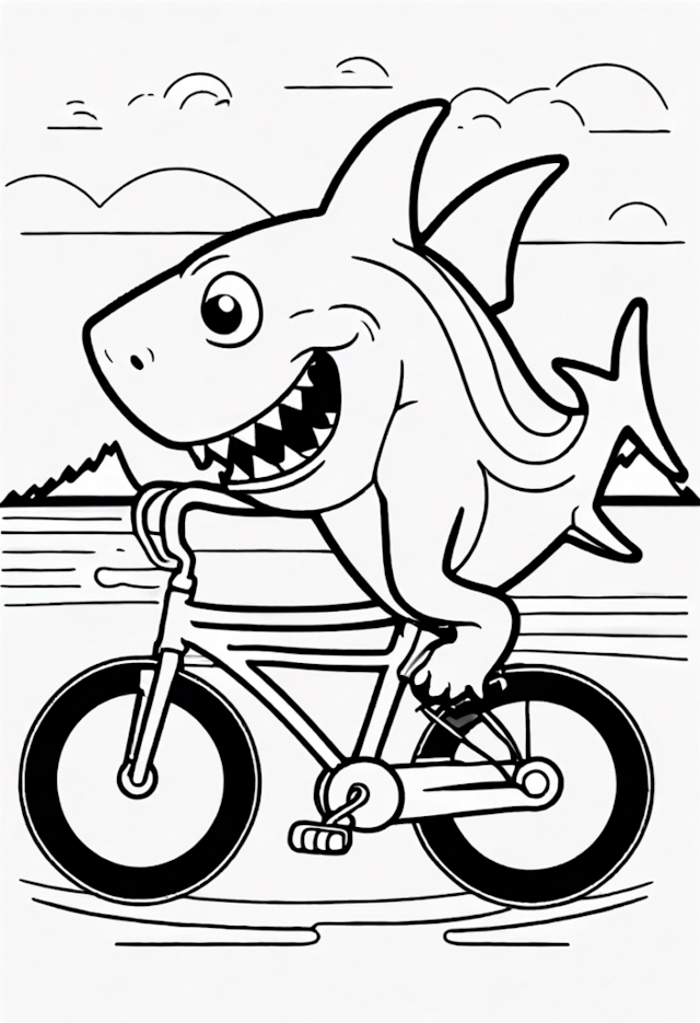 A coloring page of A Cartoon Shark Riding A Bicycle