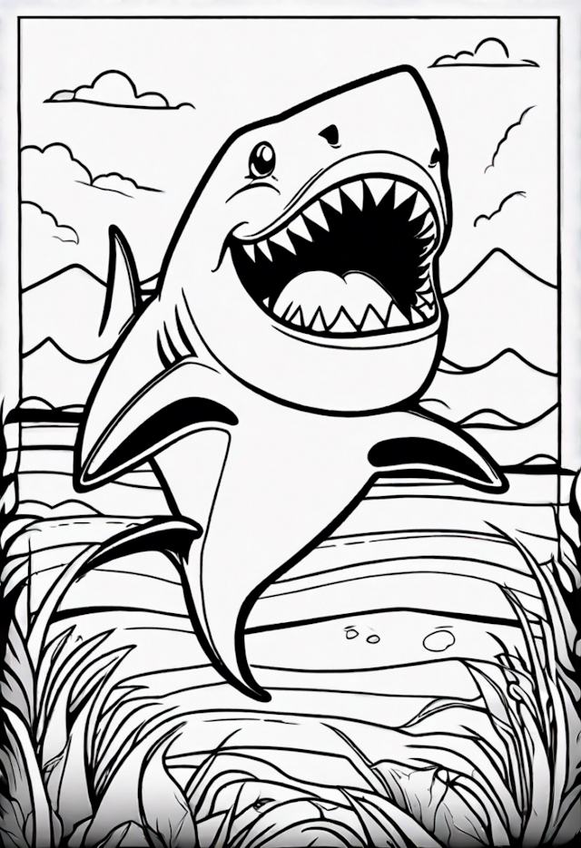 A coloring page of A Cartoon Shark Singing
