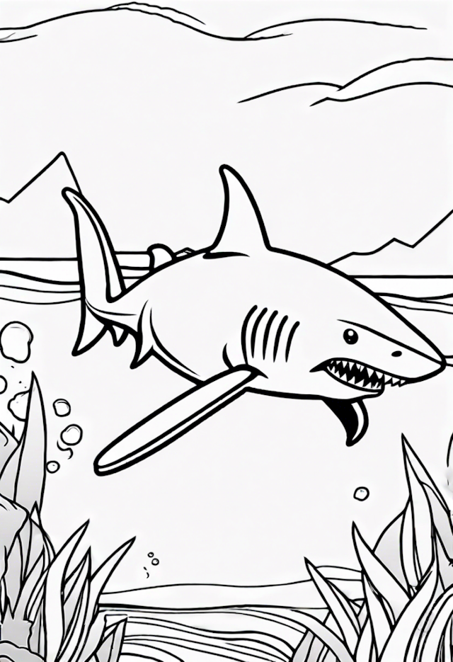 A coloring page of A Cartoon Shark Swimming