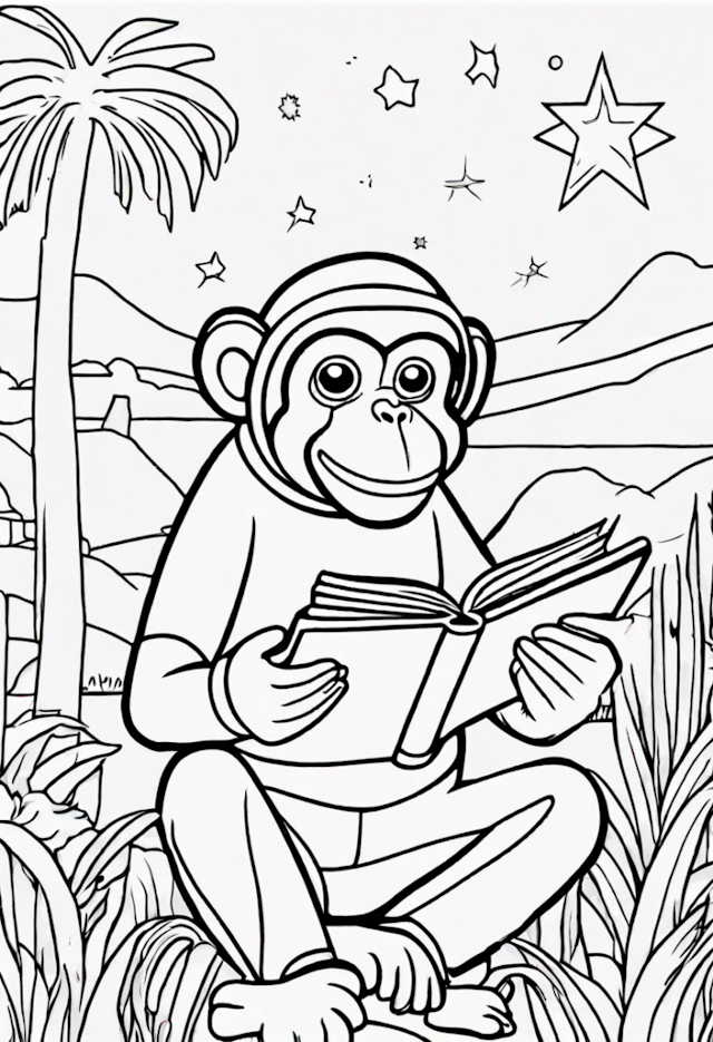 A coloring page of A Curious Star Reading A Book With A Chatty Monkey