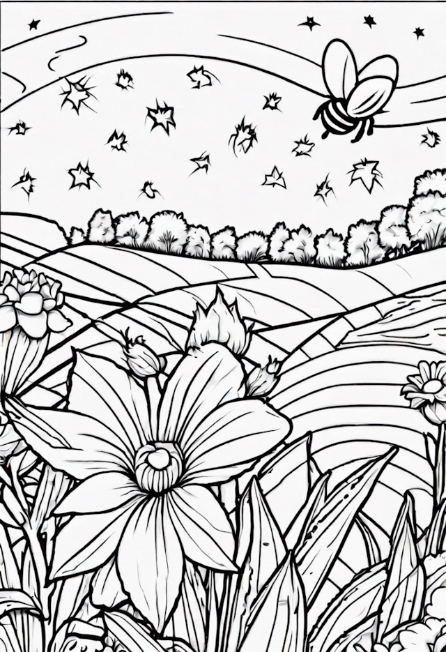 A coloring page of A Delighted Star Gardening With A Busy Bee