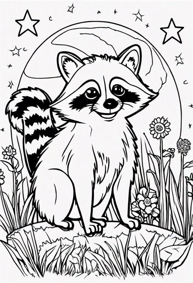 A coloring page of A Mischievous Star Gardening With A Sneaky Raccoon