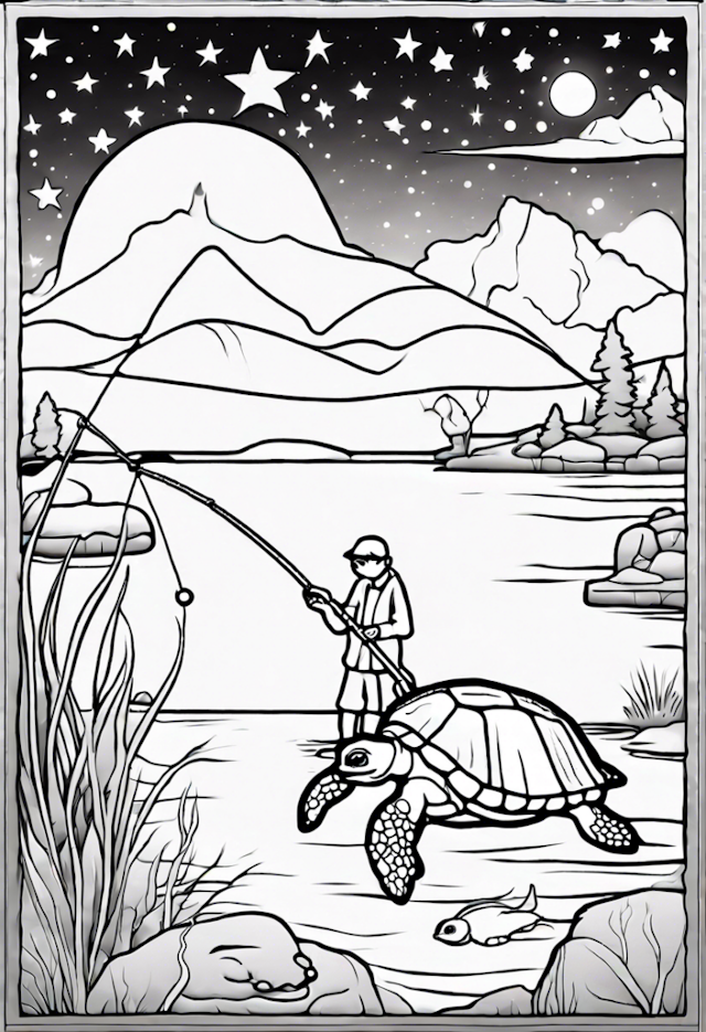 A coloring page of A Patient Star Fishing With A Slow Moving Turtle