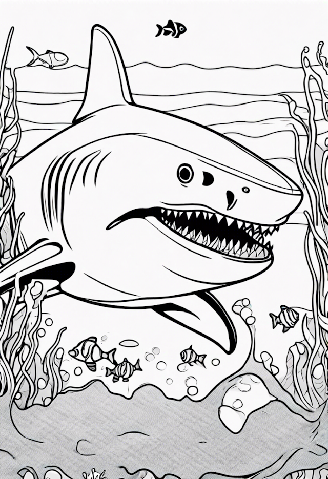 A coloring page of A Shark Swimming With A Clownfish