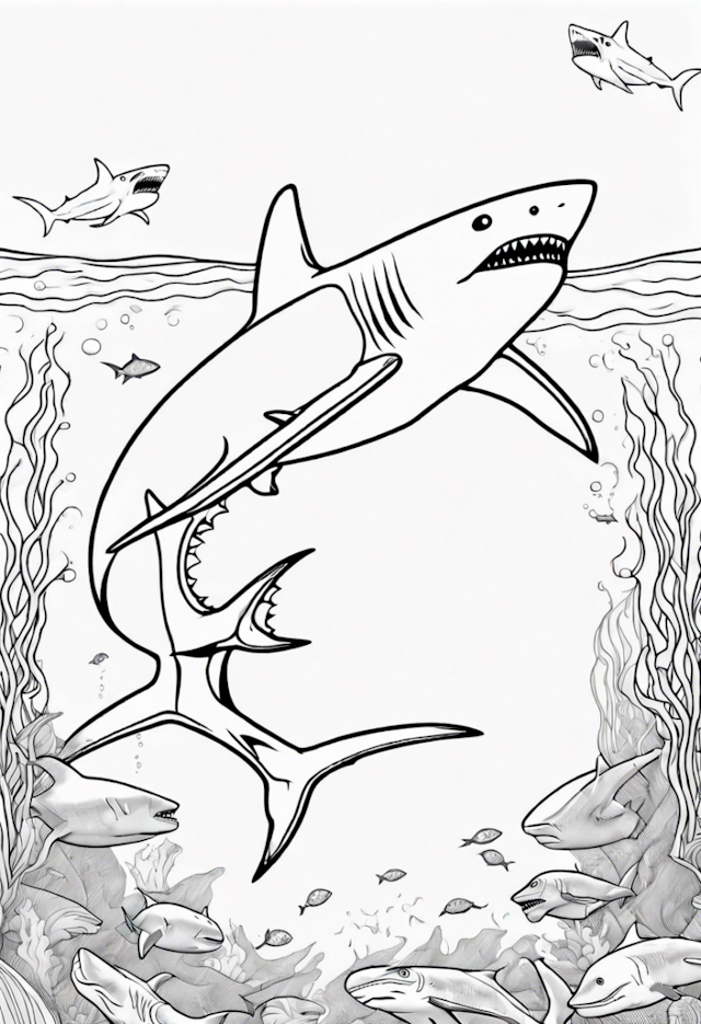 A coloring page of A Shark Swimming With A Manta Ray