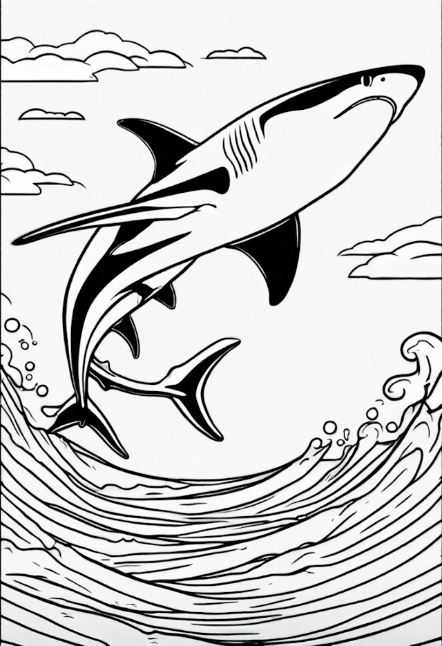 A coloring page of A Shark Swimming With A Penguin