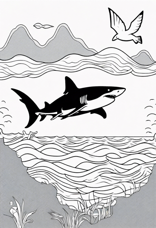 A coloring page of A Shark Swimming With A Seagull