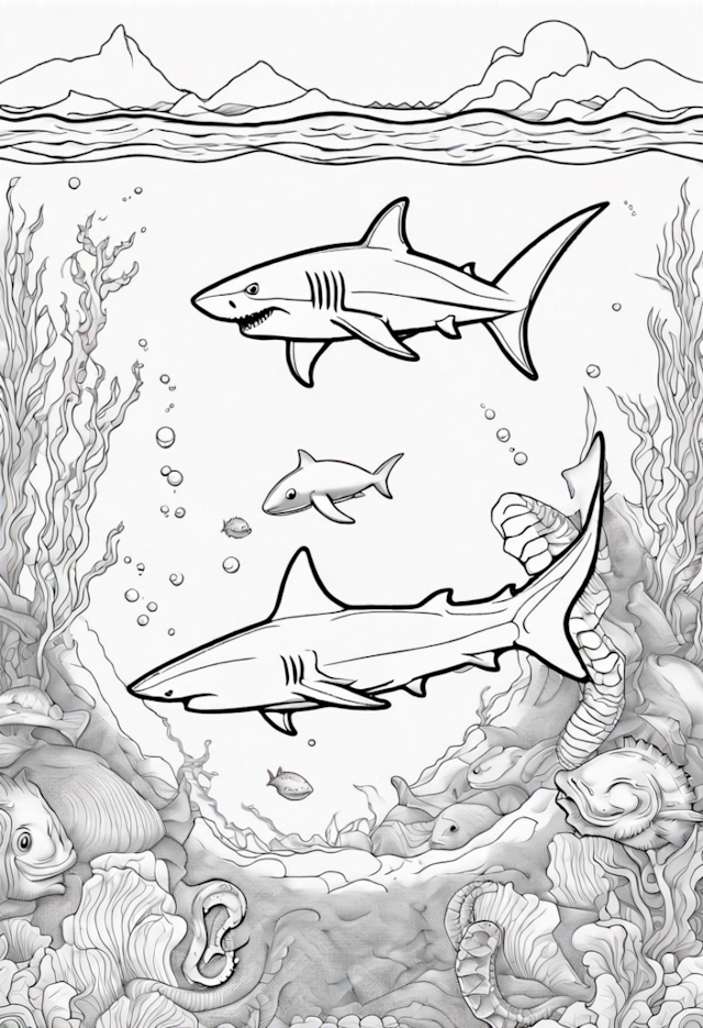 A coloring page of A Shark Swimming With A Seahorse