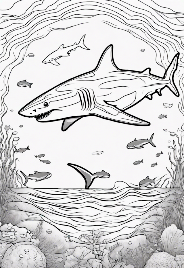 A coloring page of A Shark Swimming With A Seal