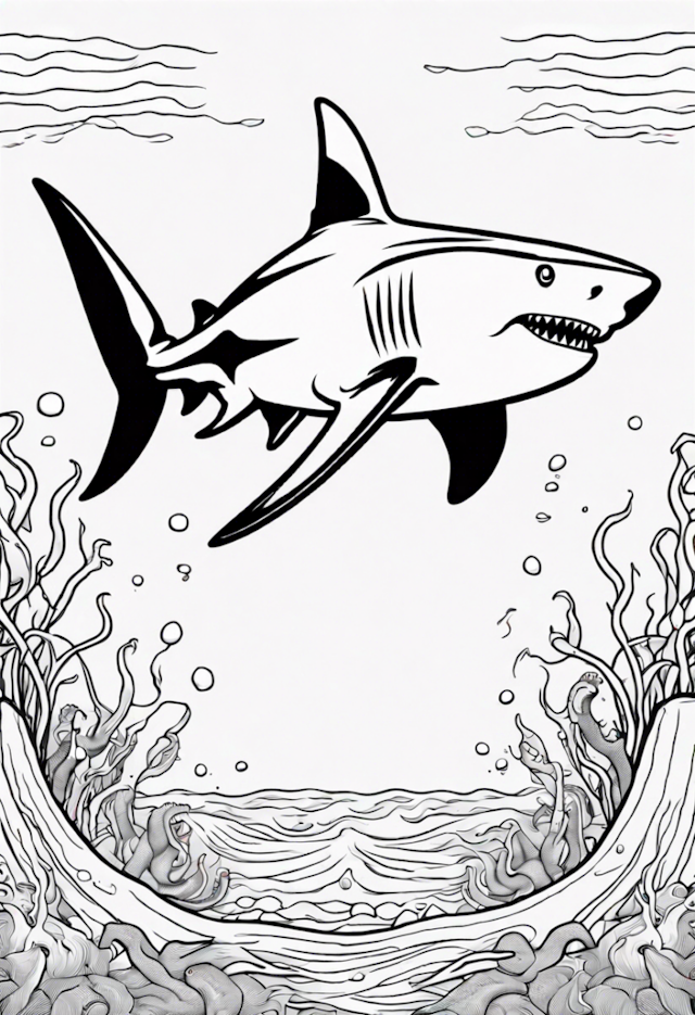 A coloring page of A Shark Swimming With A Squid