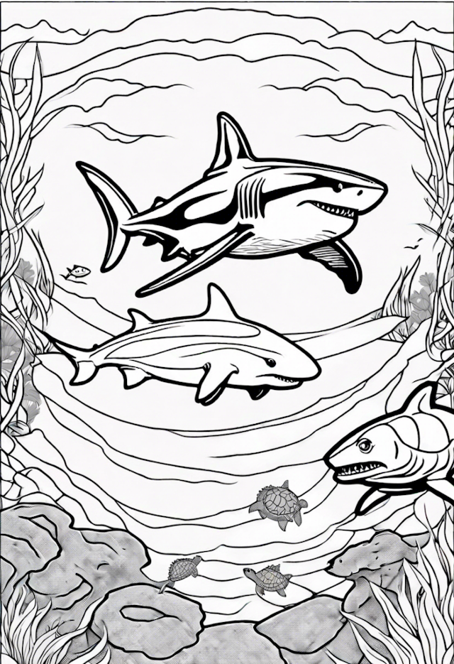 A coloring page of A Shark Swimming With A Turtle