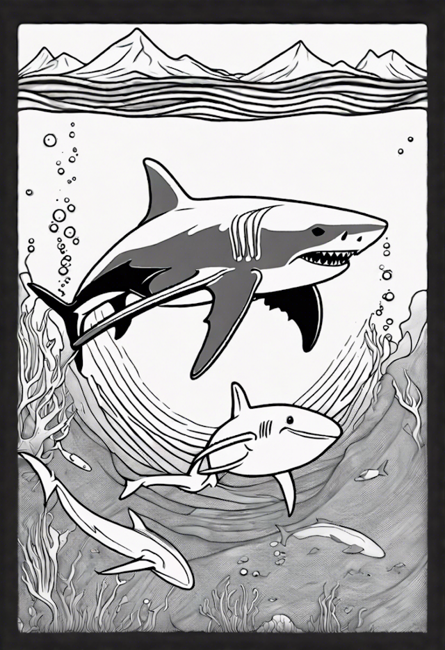 A coloring page of A Shark Swimming With A Whale