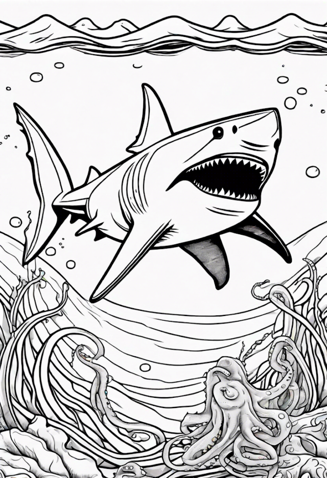 A coloring page of A Shark Swimming With An Octopus