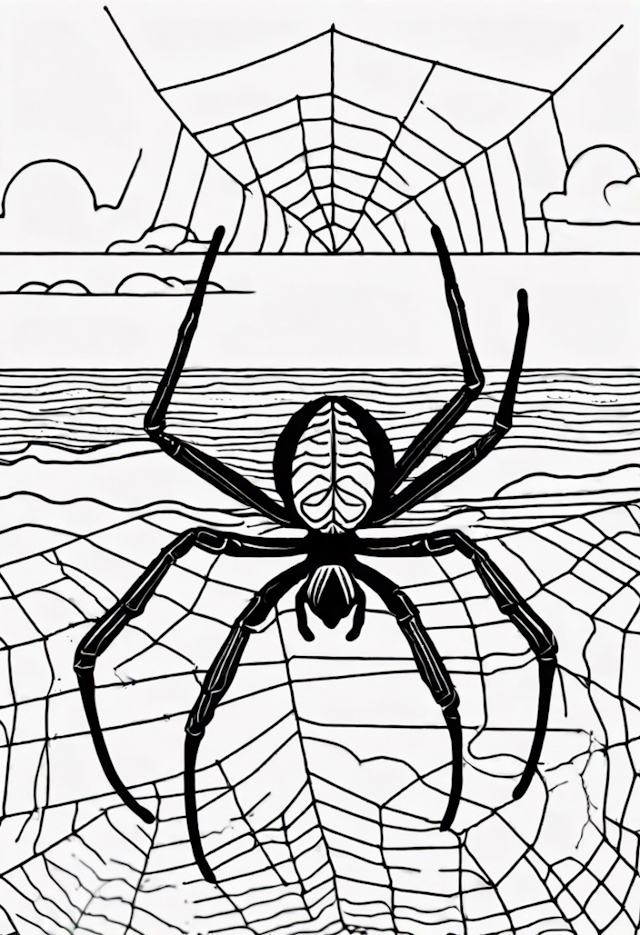 A coloring page of A Spider On A Web At A Beach
