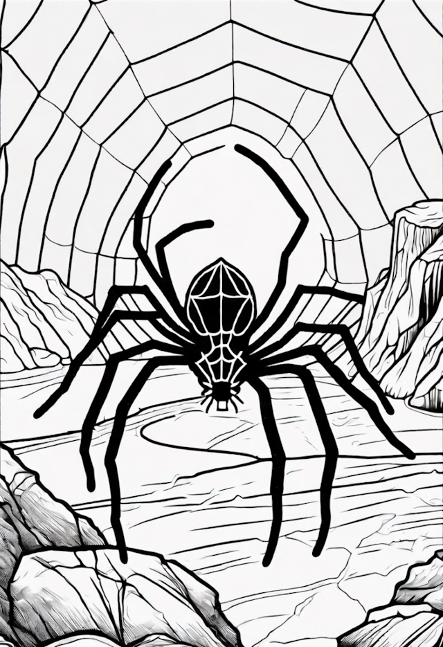 A coloring page of A Spider On A Web At A Cave