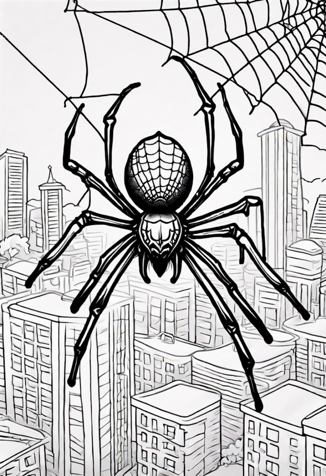 A coloring page of A Spider On A Web At A City