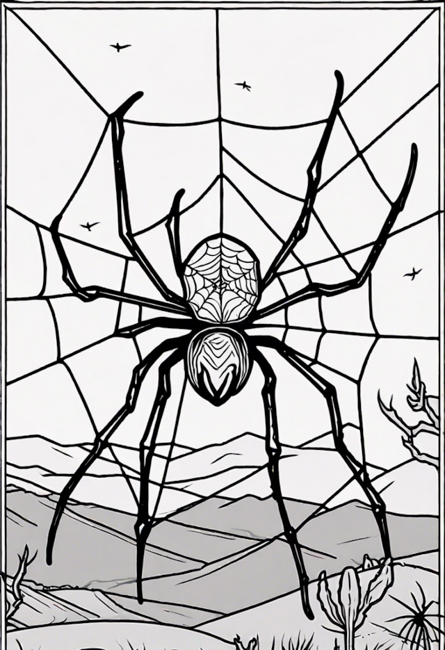 A coloring page of A Spider On A Web At A Desert