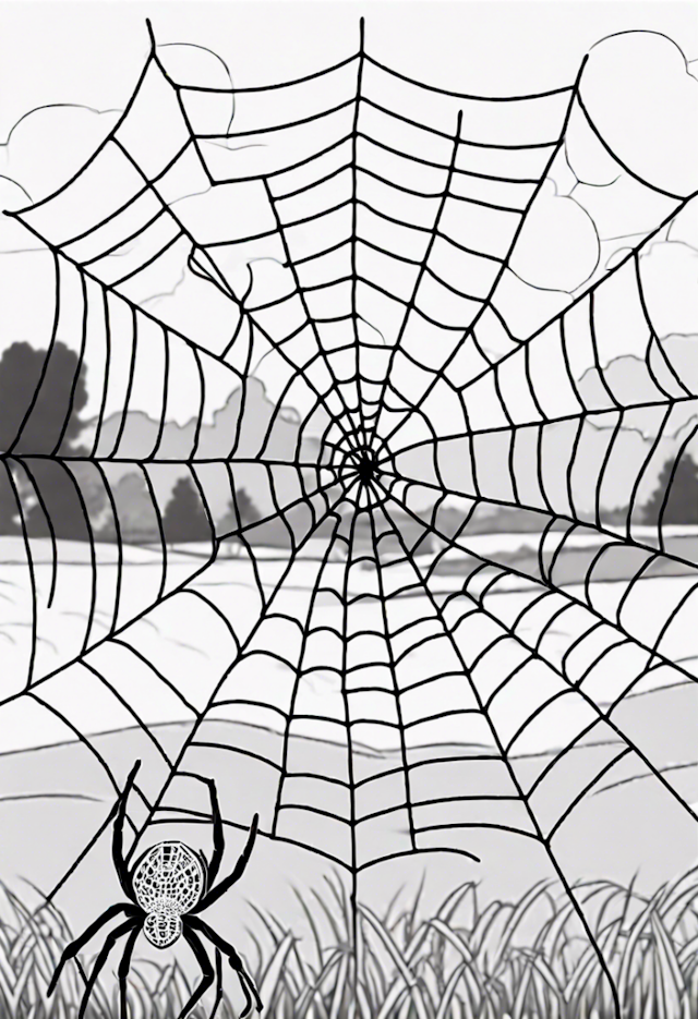 A coloring page of A Spider On A Web At A Farm