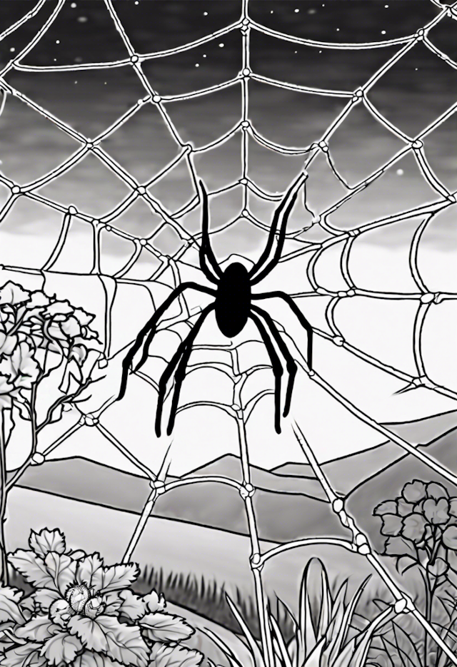 A coloring page of A Spider On A Web At A Garden