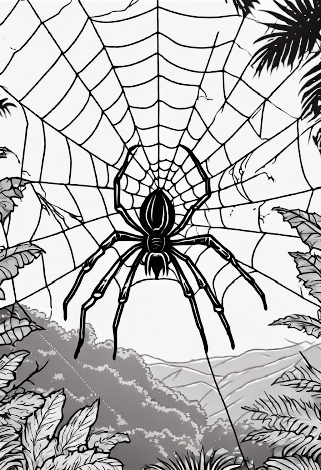 A coloring page of A Spider On A Web At A Jungle