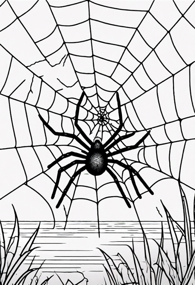 A coloring page of A Spider On A Web At A Lake