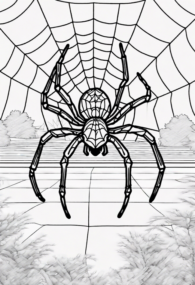 A coloring page of A Spider On A Web At A Library