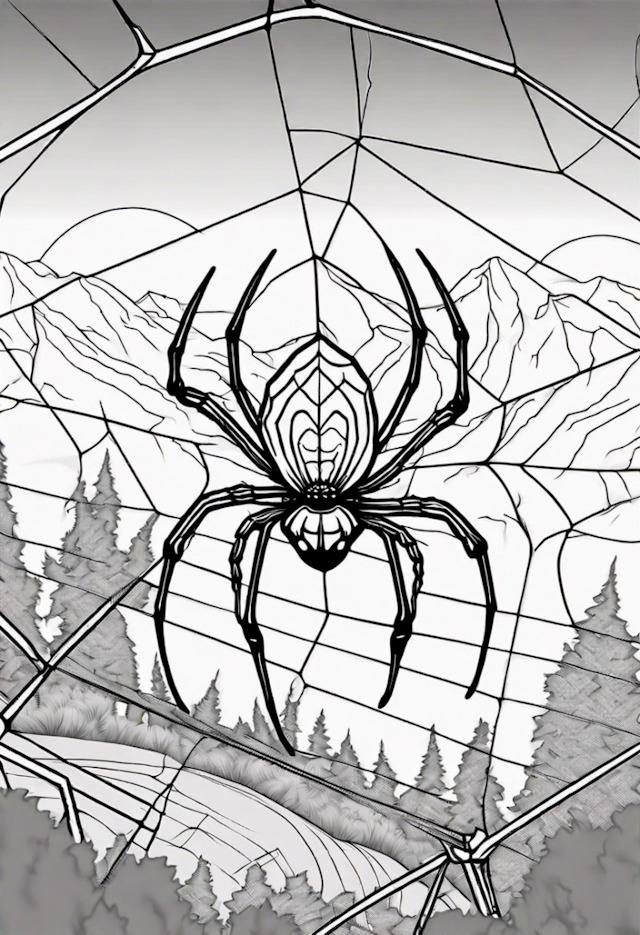 A coloring page of A Spider On A Web At A Mountain