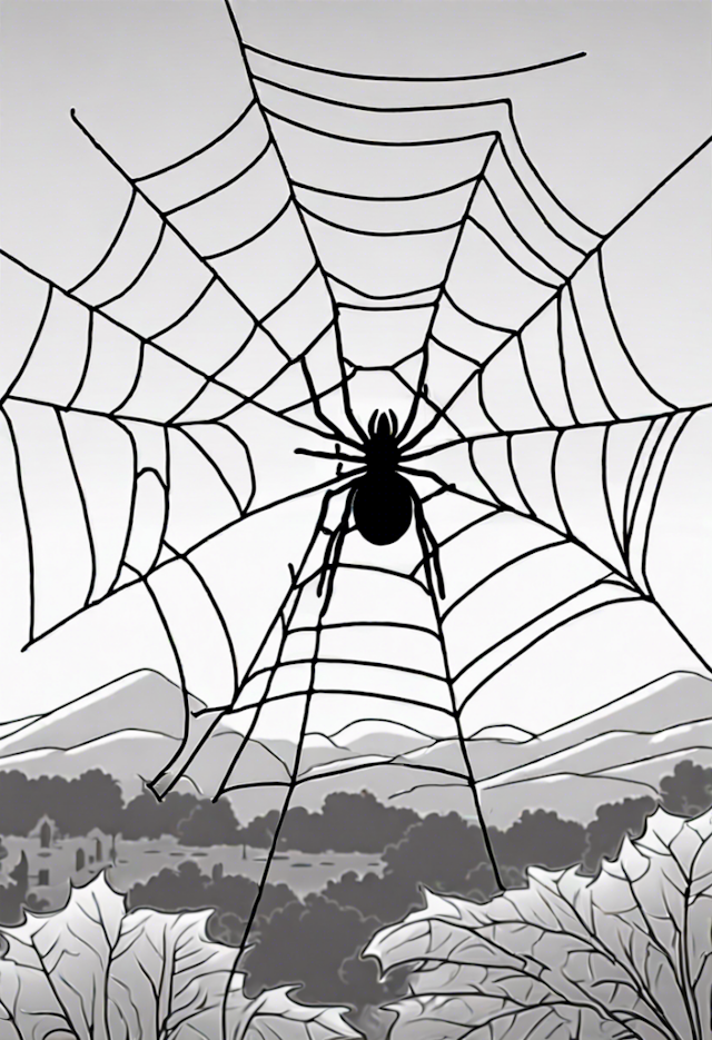 A coloring page of A Spider On A Web At A Museum