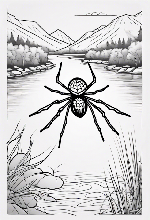A coloring page of A Spider On A Web At A River